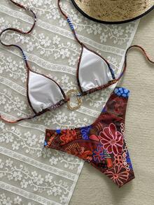Women's Sexy Backless Tie-Up Bikini Swimwear, Colorblock, Suitable For Beach & Holiday Vacation Summer - Brown - View 2