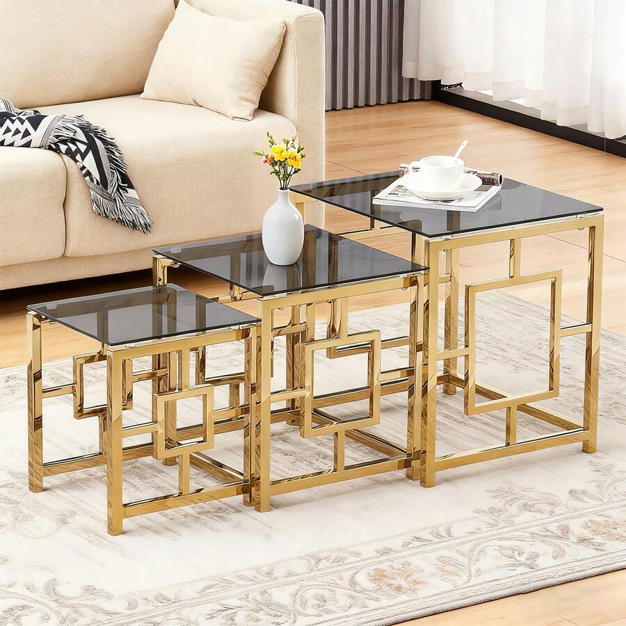 AINPECCA Nest Of 3 Coffee Table Modern Sofa Side End Table Tempered Glass With Stainless Steel Legs Nesting Tables For Living Room - Gold and Gray Glass - View 1