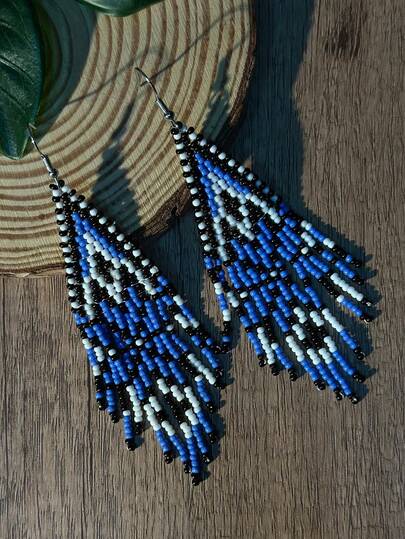 AHAYA 手工串珠流苏耳环，编织玻璃珠吊坠耳环，花卉灵感休闲耳环，适合日常、海滩、度假、情人节、音乐节等场合佩戴，送给她的礼物