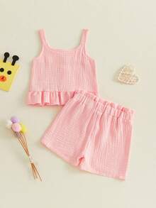 Toddler Girls Summer Outfits Solid Color Sleeveless U Neck Ruffled Button Tank Tops and Bow Shorts Set - Rosa - Ver 4