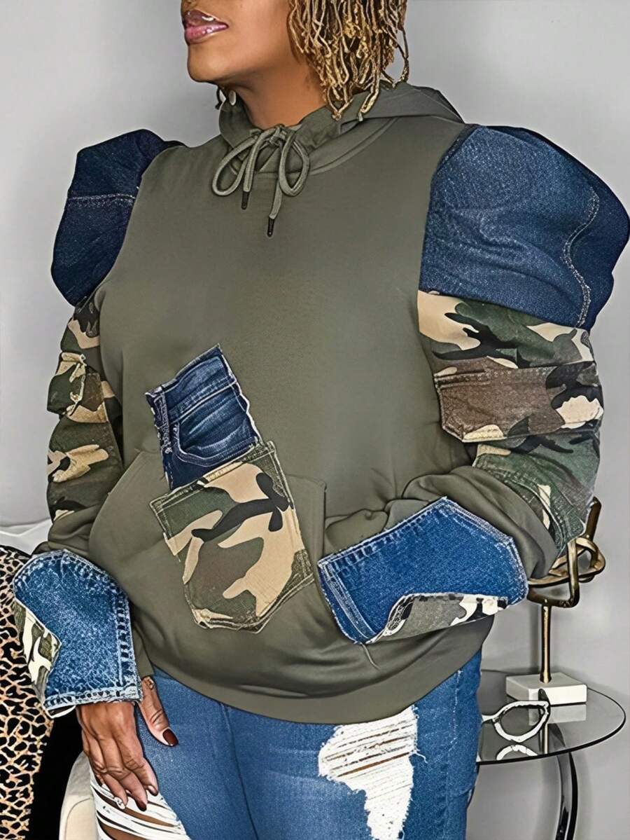 GLOURI Women's Olive Green Patchwork Hoodie - Puff Shoulder & Camo Print & Drawstring Hood & Kangaroo Pocket Detail | Edgy Retro Fit For Urban Street Outings, Weekend Dates, (Bold Patchwork Design) For Effortlessly Cool Stylish Looks - màu xanh lá - Xem 1