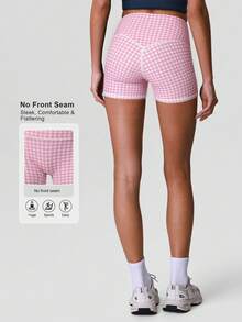 Sodalemon Women's Plaid High Waist Yoga Shorts Leggings - Pink - View 1
