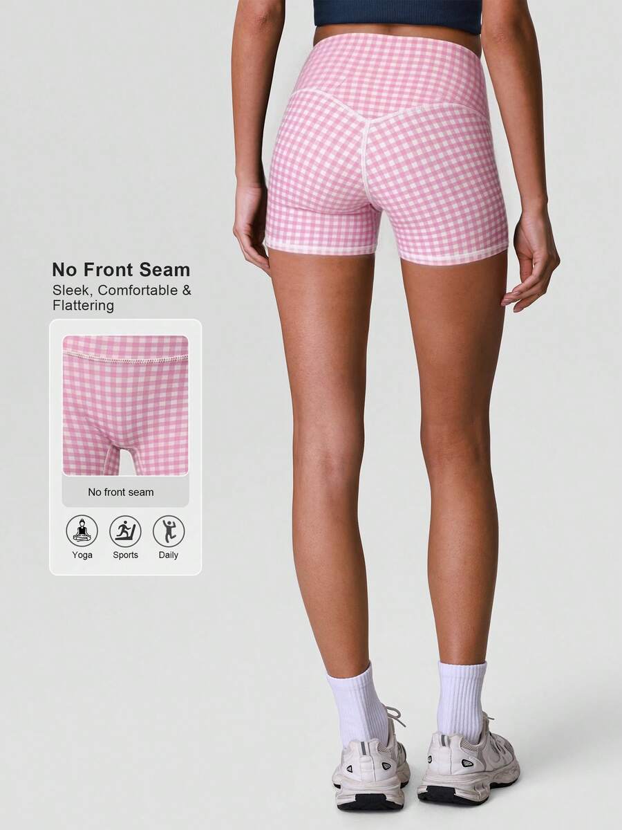 Sodalemon Women's Plaid High Waist Yoga Shorts Leggings - Pink - View 1