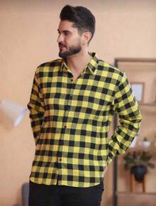 Men's Flannel Plaid Shirt, Long Sleeve Blouse - 黃色 - 查看 4