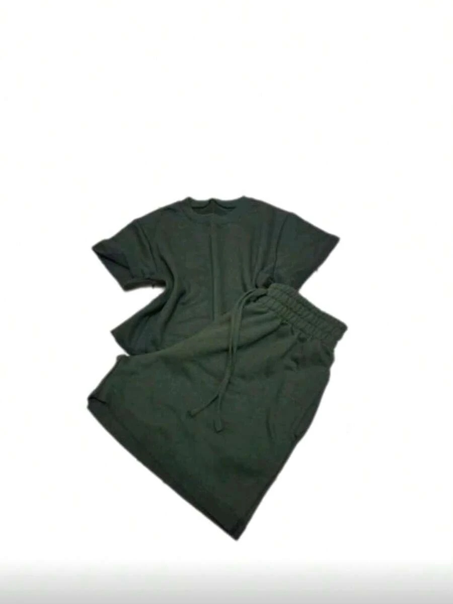 Cropped Top And Sweat Shorts Set, Comfortable Fit And Casual Style. - Dark Green - View 1