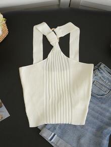 New Sexy Minimalist Style Cropped Fitted Spaghetti Strap Knit Camisole Top, Spring/Summer - Apricot - View 7