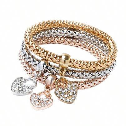 Set de 3 piezas Cadena elástica de maíz tricolor, colgante de corazón de diamante de imitación, pulsera de palomitas de maíz para mujeres