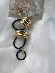 Set de 3 Sujetadores de pelo elásticos con remaches metálicos de estilo geométrico europeo y americano, nuevos sujetadores de pelo elegantes, bandas de pelo multifuncionales, sujetadores de pelo con estilo retro, coleteros, accesorios para el cabello, bandas de goma para el cabello, scrunchies, cuerda para el cabello - Dorado - Ver 3