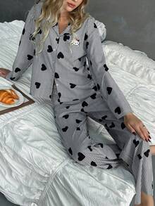 SANRIO 2pcs Hello Kitty Women's Loose Striped Heart Print Long Sleeve Top + Casual Pants Set - Black - View 1