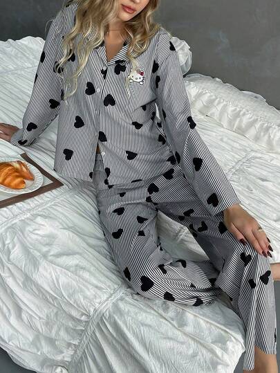 SANRIO Hello Kitty 女士宽松条纹爱心印花长袖上衣 + 休闲裤套装（2 件）