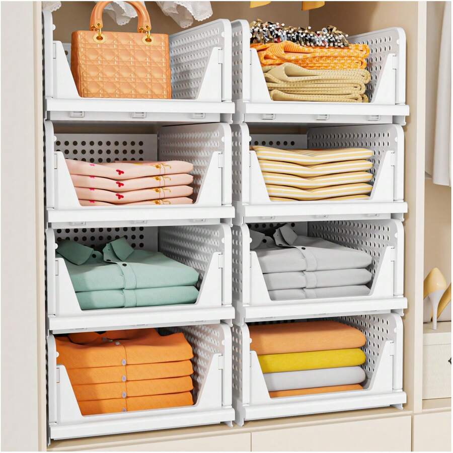 5 Pack Stackable Closet Storage Basket, Multifunctional & Foldable Closet Organizer For Bathroom Kitchen Laundry Room Wardrobe Storage, Space-Saving Clothes Storage Drawer Organizer - White - View 1