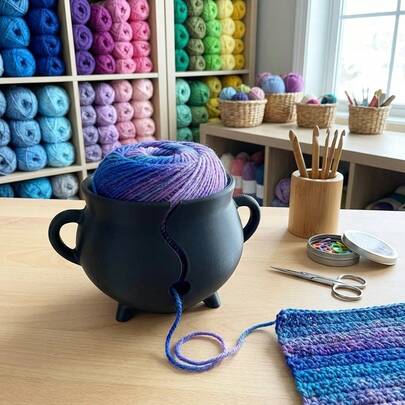 钩针编织毛线碗，黑色坩埚形毛线收纳盒，带提手，毛线导槽方便毛线顺畅输送，编织配件