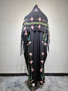 2pcs Modest Printed Cardigan & Headscarf Set, Middle Eastern Dubai Style Abaya Wedding Black Spring - Black - View 8