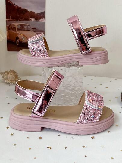 1双女童夏季新款凉鞋，可爱闪亮装饰露趾沙滩鞋，适合沙滩、旅行、摄影、上学、室内穿着