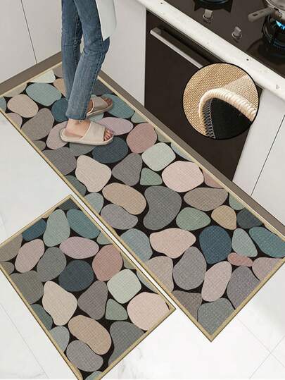 3.5mm Thick Rubber Linen Kitchen Mat, Multicolor Stone Mosaic Style Absorbent Kitchen Rug, Edged Carpet To Prevent Peeling, Water-Absorbing And Easy To Clean Mat, Linen Surface With Sponge Middle And Rubber Bottom, Suitable For Kitchen, Bathroom, Laundry Room, Hallway, Living Room And Other Occasions