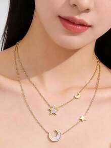 1pc Fashionable Bohemian Moon & Star Stainless Steel Multi-Layer Necklace, Minimalist & Elegant, Suitable For Women's Daily Wear, Dates And Parties - Gold - View 2