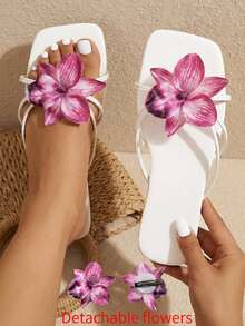 planare 新款时尚女士假日凉鞋,花卉绑带露趾套脚舒适轻便夏季户外/室内平底凉鞋,白色凉鞋饰以紫色花朵 - 白色加紫色花 - 查看 2
