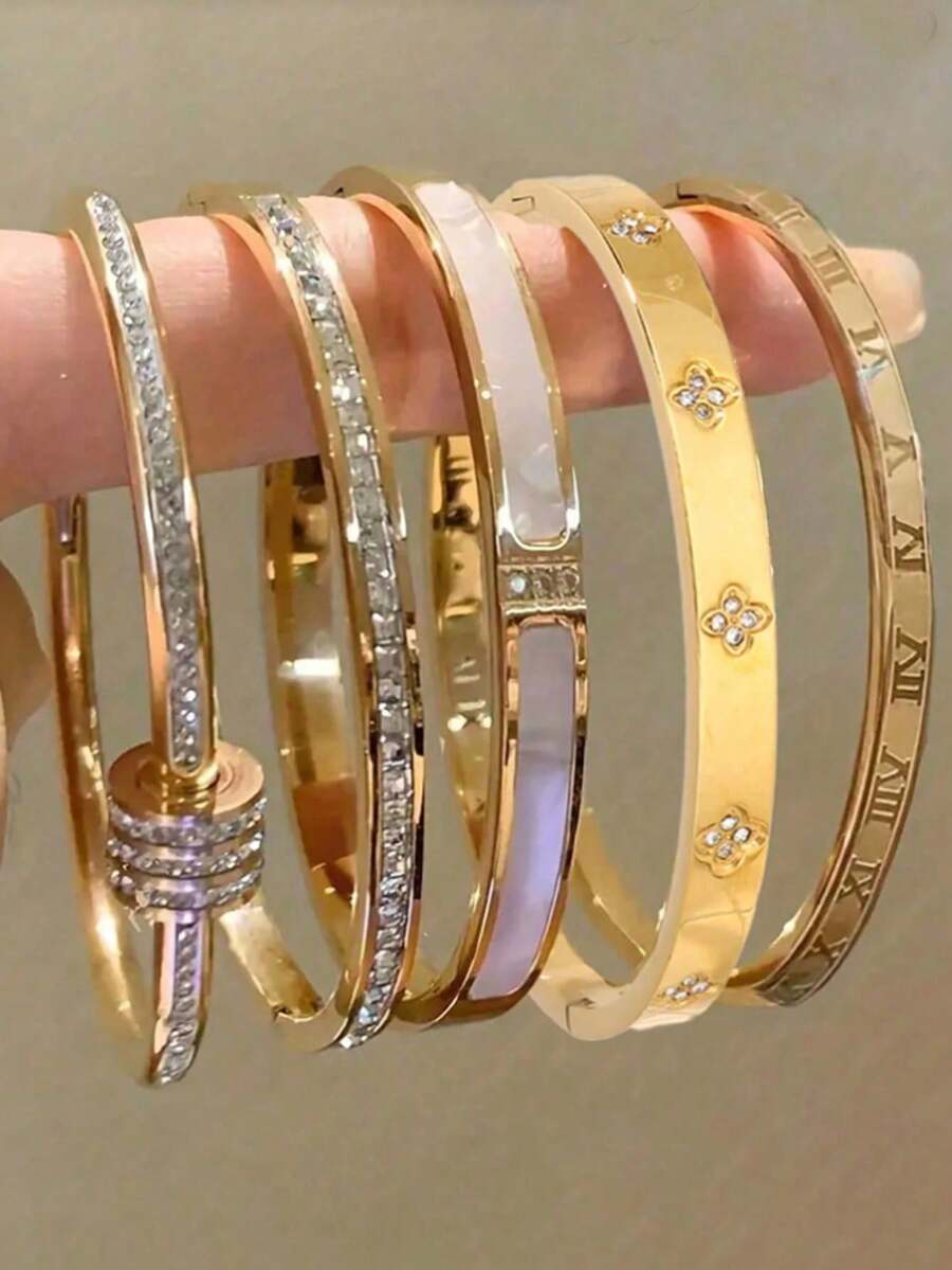 18K Gold Plated Stackable Bangle Set | Fully Paved Roman Numeral Four-Leaf Flower Shell Bracelet | Non-Fading Layered Bangle For Women, Daily & Party Wear, Valentine's Day & Everyday Gift
