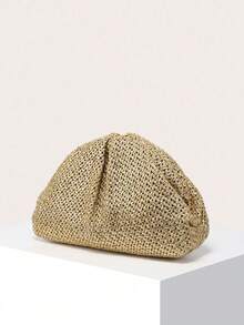 1pc Women's Woven Golden Pleated Clutch Bag, Fashionable Minimalist Design, Large Capacity, Suitable For Shopping And Outings - Gold - View 2