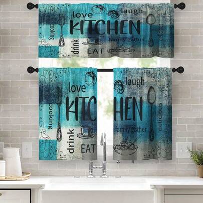 Farmhouse Chef Kitchen Window Curtains Valance And Tier Set, Modern Abstract Turquoise Teal Art Rod Pocket Short Tier Curtain For Bathroom, Funny Cafe Drapes For Kitchen Decor