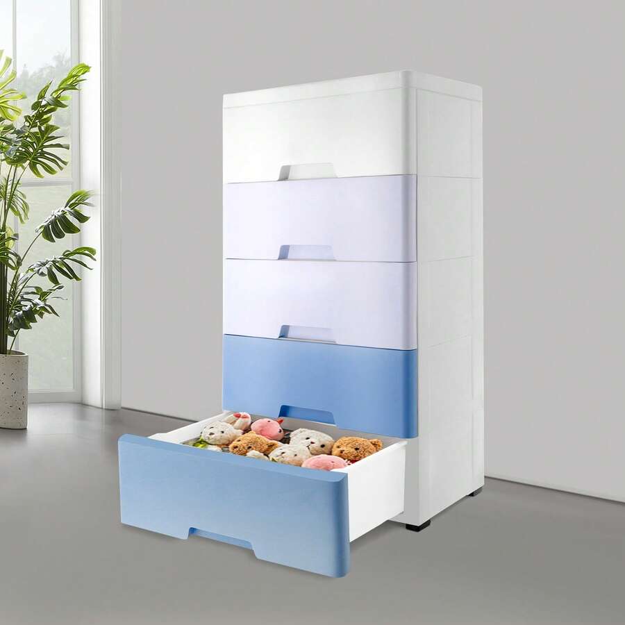 Plastic Drawers, 5 Tier Stackable Storage Containers, Dresser Storage Cabinet With Wheels, Vertical Clothes Storage Tower, Chest Closet For Bedroom Study Living Room Powder Room Beauty Store - Blue - View 1