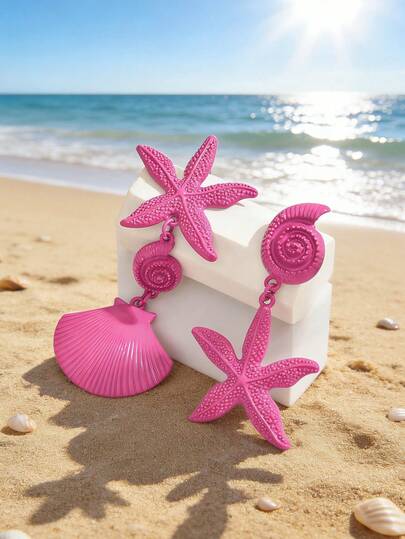 1 par de pendientes colgantes con estrella de mar y concha de estilo metalizado, adecuados para la playa, fiestas, uso casual, vacaciones, regalo de cumpleaños