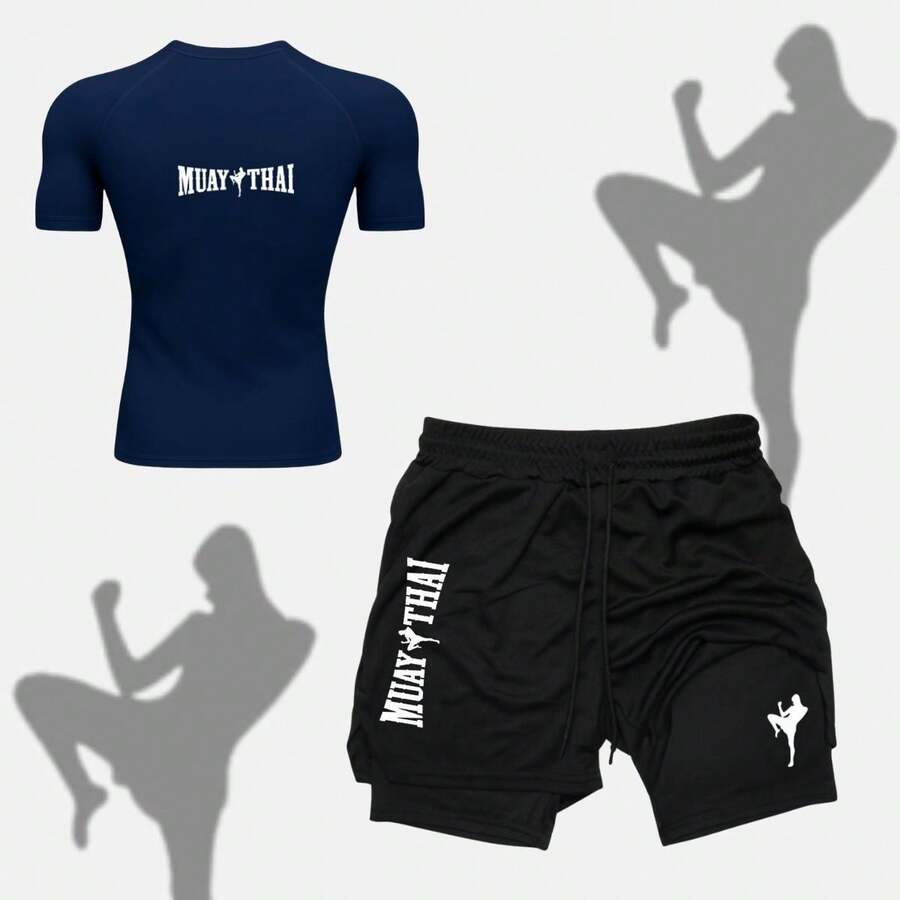 2-In-1 Shorts Set: Men's Compression T-Shirt, Muay Thai, UV Protection, And Shorts For Gym, Fighting, MMA, And Running. - Navy Blue - View 1
