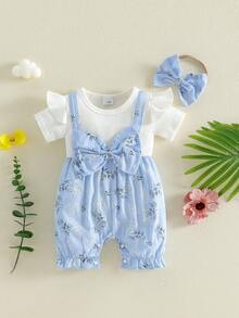 Conjunto de verano para niña pequeña, mono de dos piezas con estampado floral de manga corta y diadema con lazo, ropa bonita para uso diario, ideal para 1 a 18 meses. - Azul - Ver 6