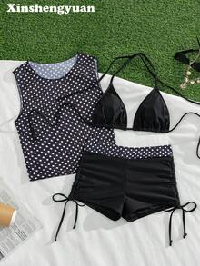 新盛源3件套欧美时尚新年情人节服装，可拆卸泳衣胸垫，女士挂脖露背系带比基尼套装，波点网纱上衣，休闲性感高弹泳衣，奢华性感优雅显瘦海边沙滩派对泳装，侧边抽绳褶皱三角裤，时尚泳装。 - 彩色 - 查看 1