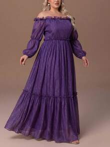 大码露肩长袖伴娘礼服，荷叶边A字型长款礼服 - 完美适用于正式婚礼、黑领结晚宴、派对、慈善活动和毕业舞会 - 紫色 - 查看 9
