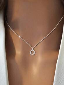 1pc S925 Sterling Silver Donut-Shaped Necklace, Women's Zirconia Encrusted Circle Pendant Necklace, Sparkling Charm Clavicle Chain, Elegant Gift For Daily Wear - Round - View 3