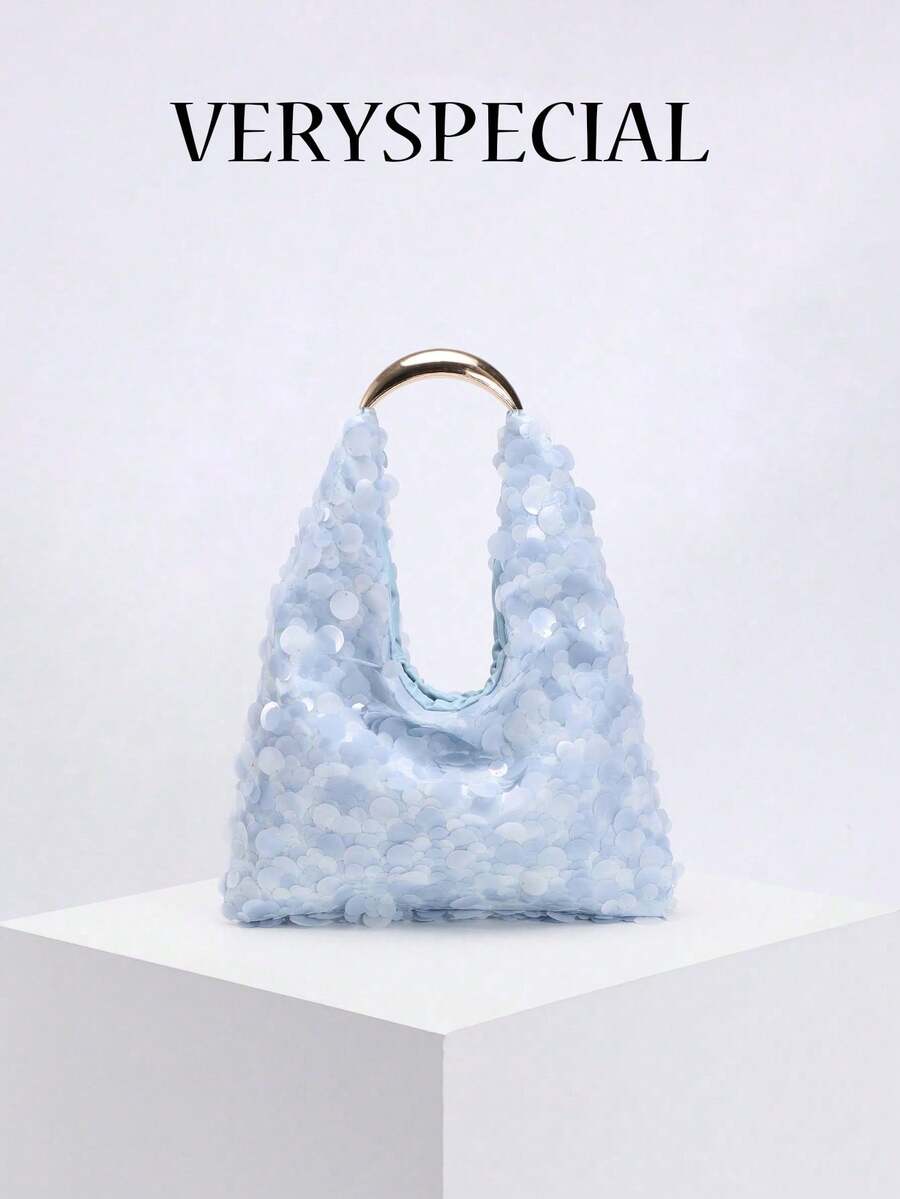 1 chiếc túi xách tay hình trăng khuyết bất đối xứng đính sequin màu xanh dương chất lượng cao, quai kim loại, thích hợp để phối cùng váy công sở, đi làm hàng ngày, đi mua sắm, hẹn hò, uống trà chiều. - Màu xanh nhạt - Xem 1