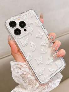 1pc White Butterfly Pattern Shock-Proof Phone Case Compatible With IPhone 17/16 Pro Max/14/16 Plus/15/13 Pro/12/11/XR/Air, Daily Use Case, Fashionable Phone Accessory, Creative Design, UV Printing, Stylish Protective Cover, Perfect Birthday Gift - Multicolor - View 3
