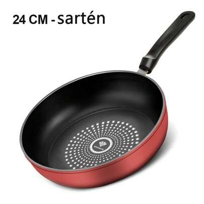 Sartén antiadherente de hierro fundido de 24 cm, apta para lavavajillas e inducción, para una cocina saludable, con menos humo, ideal para cocinas de gas y eléctricas, color rojo.
