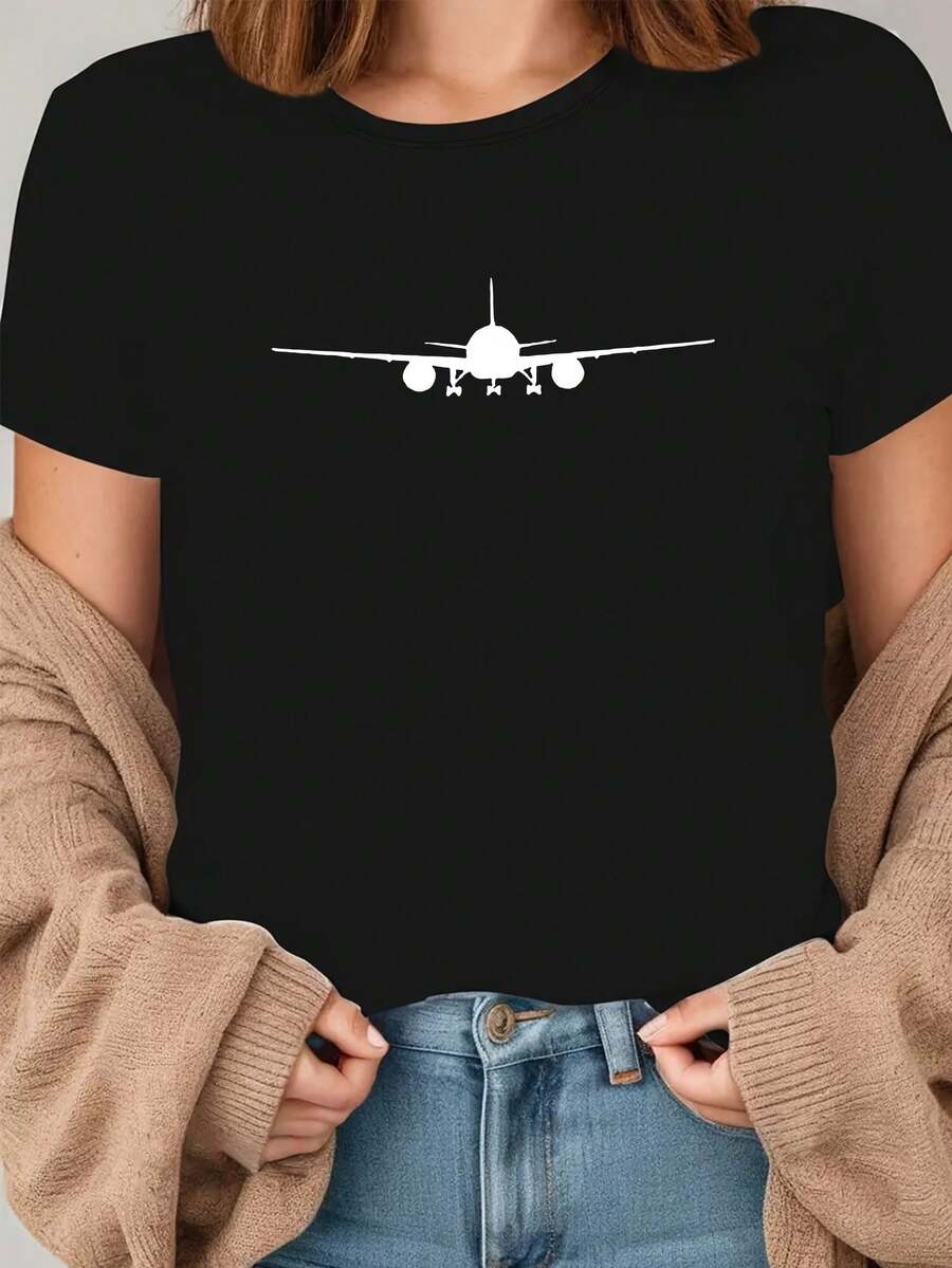 Men's & Women's Black Short Sleeve T-Shirt With Airplane Print - Casual Round Neck Tee, Minimalist Aviation Design, Machine Washable, All-Season Versatile Top For Casual Attire & Layering (Airplane Graphic) - 黑色 - 查看 1