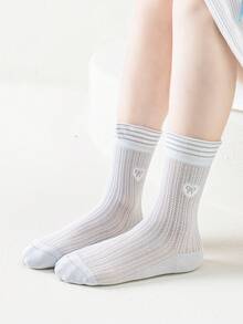 5双装女童简约爱心结网眼透气中筒袜，时尚百搭可爱蕾丝公主袜，休闲运动学生袜，儿童袜，春夏款 - 彩色 - 查看 2