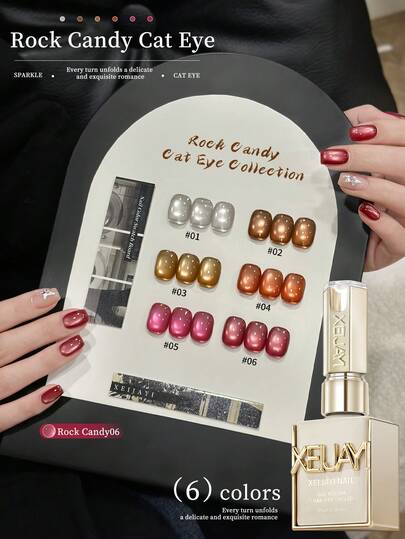  XEIJAYI 15ml Rock Candy Cat Eye Gel Nail Polish - Peelable, UV/LED Removable, 6 Colors Available, Glossy Finish, Suitable For DIY And Nail Salon Use - Magnetic Wand Not Included