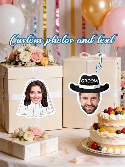 6/12/24개 맞춤형 웨딩 사진 스티커 - 글리터 악센트가 있는 맞춤 신랑 신부 얼굴 데칼, 자체 접착 웨딩 장식, 웨딩 파티 선물, 커플 기념일 선물 - 쉬운 적용 및 잔여물 없는 제거 - 아내, 남편, 신부, 신랑을 위한 완벽한 웨딩 기념품 - 웨딩 장식 필수품, 로맨틱 선물 아이디어, 로맨틱 디자인, 광택 마감, 신부 파티, 고품질 프린트, 약혼 커플