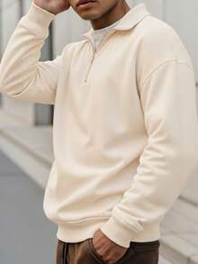 半拉链领休闲百搭长袖套头卫衣 - 杏色 - 查看 1