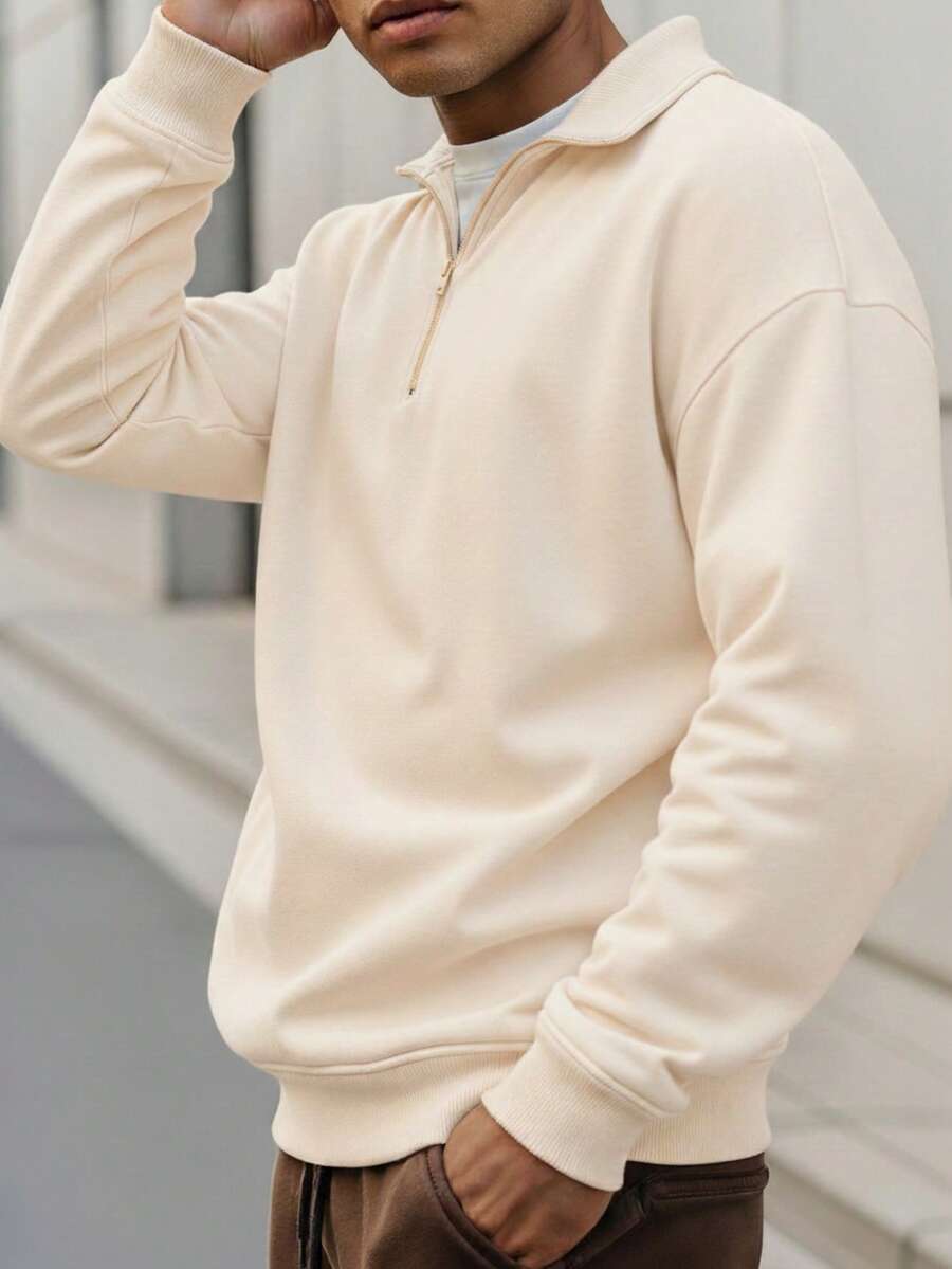 半拉链领休闲百搭长袖套头卫衣 - 杏色 - 查看 1