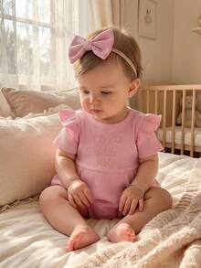 Baby Girls Shorts Set, Short Sleeve Embroidery Bow Letters T-Shirt With Shorts And Hairband Summer Outfit - 粉色 - 查看 4