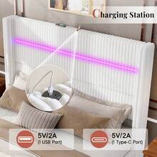 Corduroy Upholstered Storage Bed Frame With Wingback Headboard, LED Platform Bed With Charging Station - 白色 - 查看 8