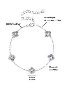 XUJIA 1pc 925 Sterling Silver Four-Leaf Clover Women's Fashion Bracelet, 3mm*20pcs Round Moissanite Lucky Pendant, Sweet Valentine's Day Gift For Girlfriend/Wife - Silver - View 8
