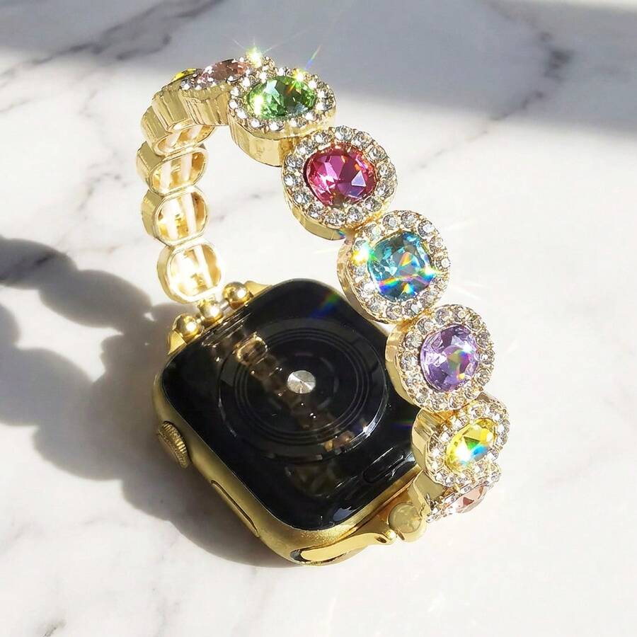 1pc Fashion Bracelet Watch Band, Compatible With 38-49mm Bands, Decorated With Colorful Crystal Elastic Strap, Fits Models And 20/22mm Lug Width Smart Watches Like Galaxy Watch, Suitable As Valentine's Day Gift (Band Only) - Gold - View 1