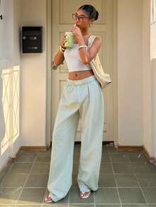 Sunny Girly Summer Women's Y2K Cotton Green Straight-Leg Pants, Suitable For Loungewear, Casual Daily, Street Style, Commuting, Beach And Vacation. - Green - View 10