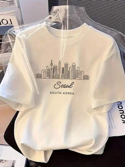 Women's Korean Streetwear T-Shirt - Seoul South Korea Graphic Print & Hangul Lettering, Oversized Loose Fit Casual Round Neck Short Sleeve, Breathable Summer Casual Attire, Machine Washable Korean Fashion Top