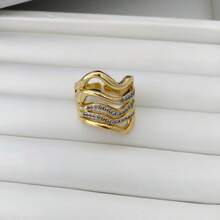 1pc Exaggerated Ring, Fashionable High-End Layered Asymmetrical Dual-Tone Zirconia Dual-Tone Ring, Women's Jewelry, 18K Electroplating Couture - Gold - View 6