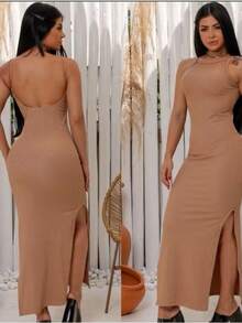 Long Ribbed Women's Dress With Built-In Bra, Spaghetti Straps, Open Back, Side Slit, Various Colors And Sizes, Casual. - Black - View 8