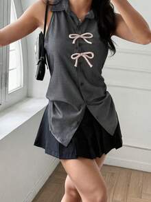 Y2K学院风无袖衬衫，腰部蝴蝶结领口，后背系带，黑色夏季上衣 - 深灰色 - 查看 10