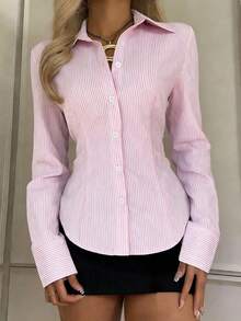 Áo sơ mi dài tay kẻ sọc buộc dây phía sau phong cách Y2K mùa hè dành cho nữ của Sunny Girly, kiểu dáng preppy màu hồng, phù hợp cho công sở, dạo phố và đi làm. - Hồng - Xem 3